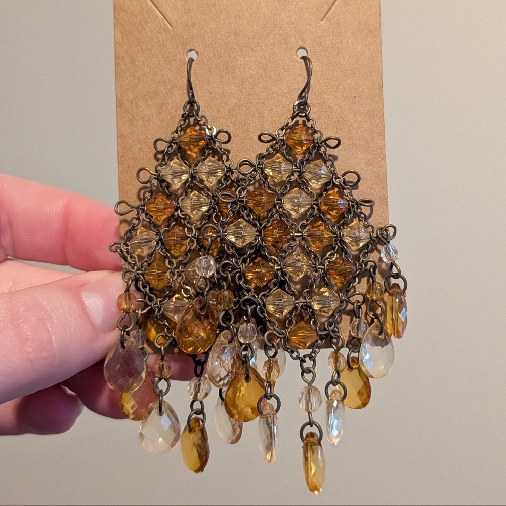 Vintage Golden and Clear Faceted Beads Chandelier Earrings